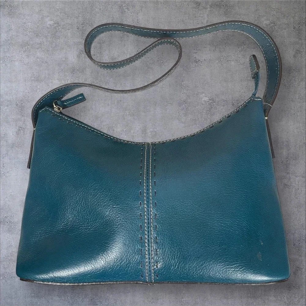 Fossil Vintage Y2K Teal Blue Leather Shoulder Bag Purse Contrast Stitching New